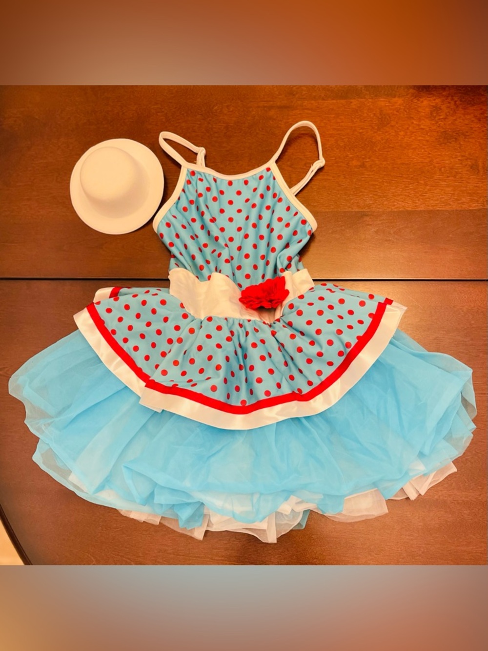 Curtain Call Dance Costumes Blue Polka Dot Girls' Tutu Costume with Red Accents